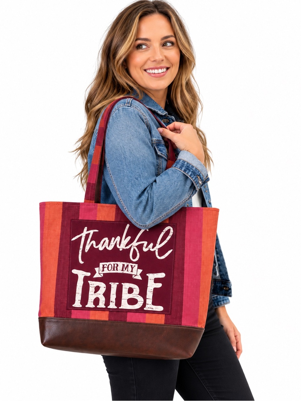 NEW Handmade “Thankful for My Tribe” Bible Tote Bag Burgundy Rust Brown